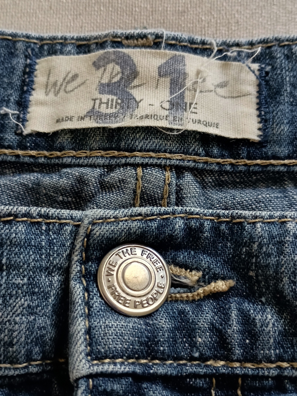 We The Free Distressed Dark Blue Denim Jeans with Branded Silver Button